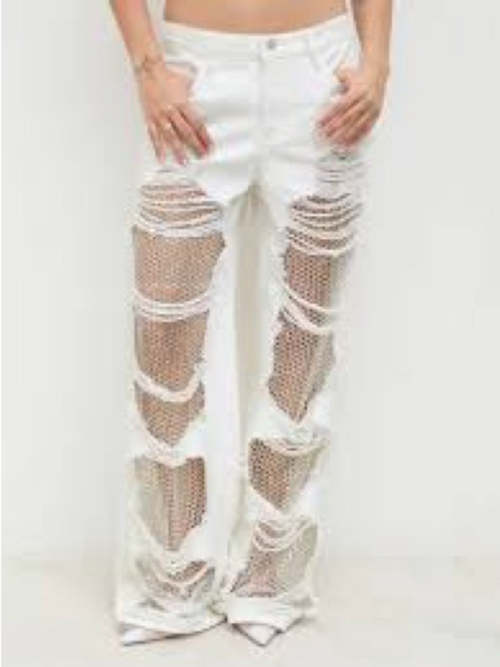 CIDER Hollow Out Distressed White Denim Wide Leg Festival Pants XS NWT
